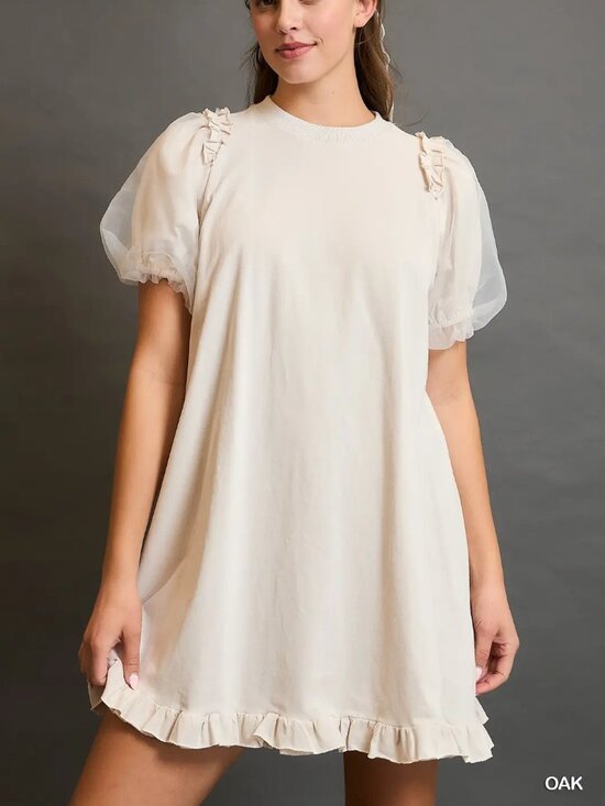 Umgee Dresses & Skirts - B26 Umgee Puff Sleeve Ruffle Hem Cotton Dress Cream NEW